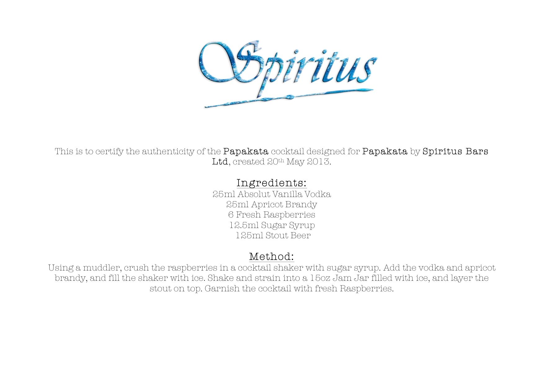 Papakata Signature Cocktail Certificate