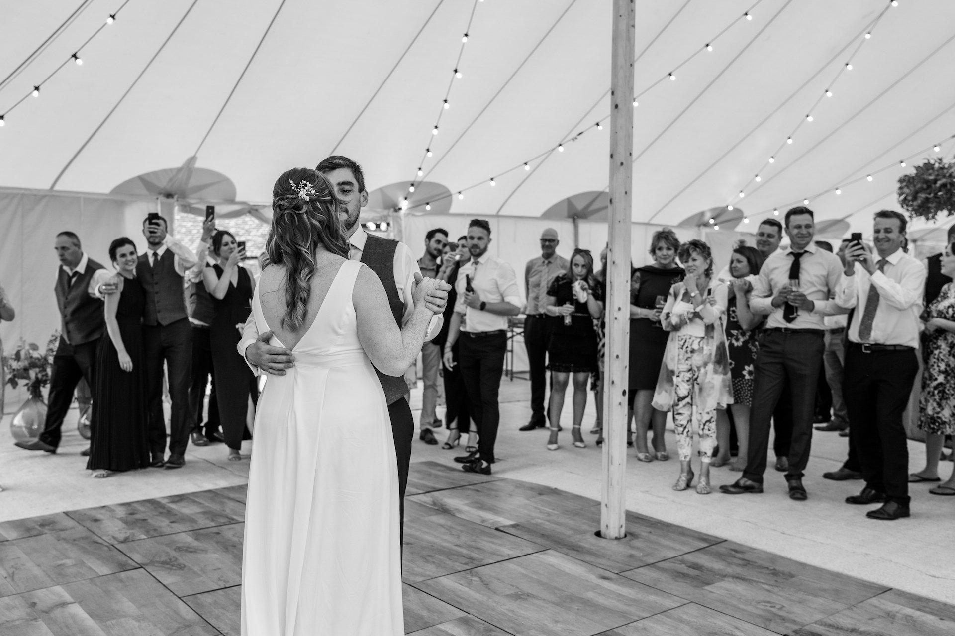 PapaKåta couple Louise & Alex's Sperry Wedding at Elford Hall Garden, Staffordshire captured by Jessica Raphael Photography- The first dance under the Festoon Drape
