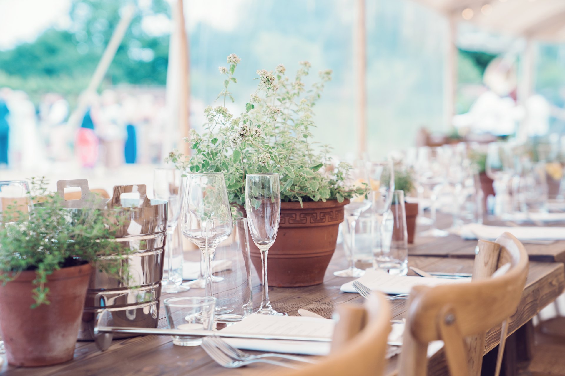 PapaKåta couple Louise & Alex's Sperry Wedding at Elford Hall Garden, Staffordshire captured by Jessica Raphael Photography- Pretty potted blooms by Emily Wisher