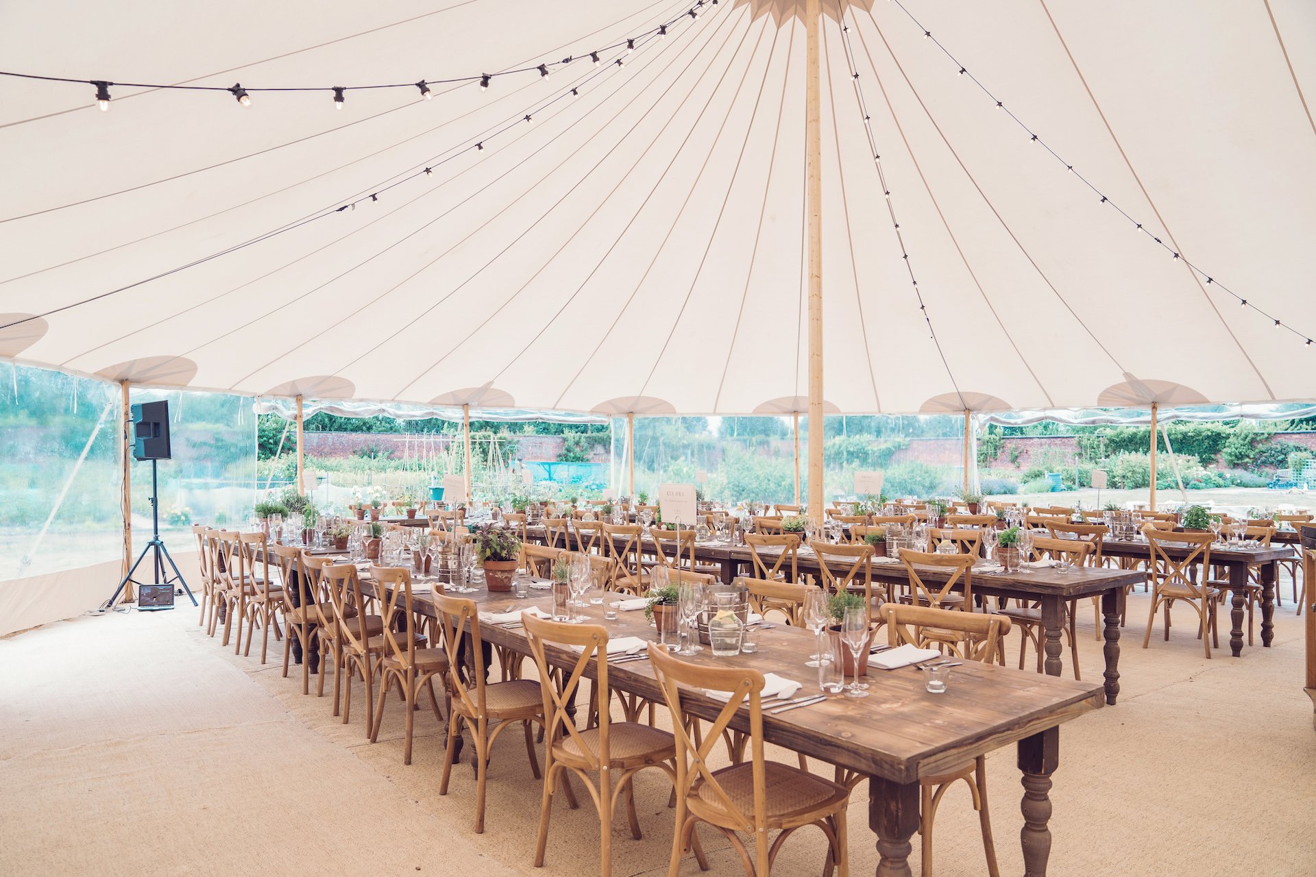 PapaKåta couple Louise & Alex's Sperry Wedding at Elford Hall Garden, Staffordshire captured by Jessica Raphael Photography- Sperry Tent Interior