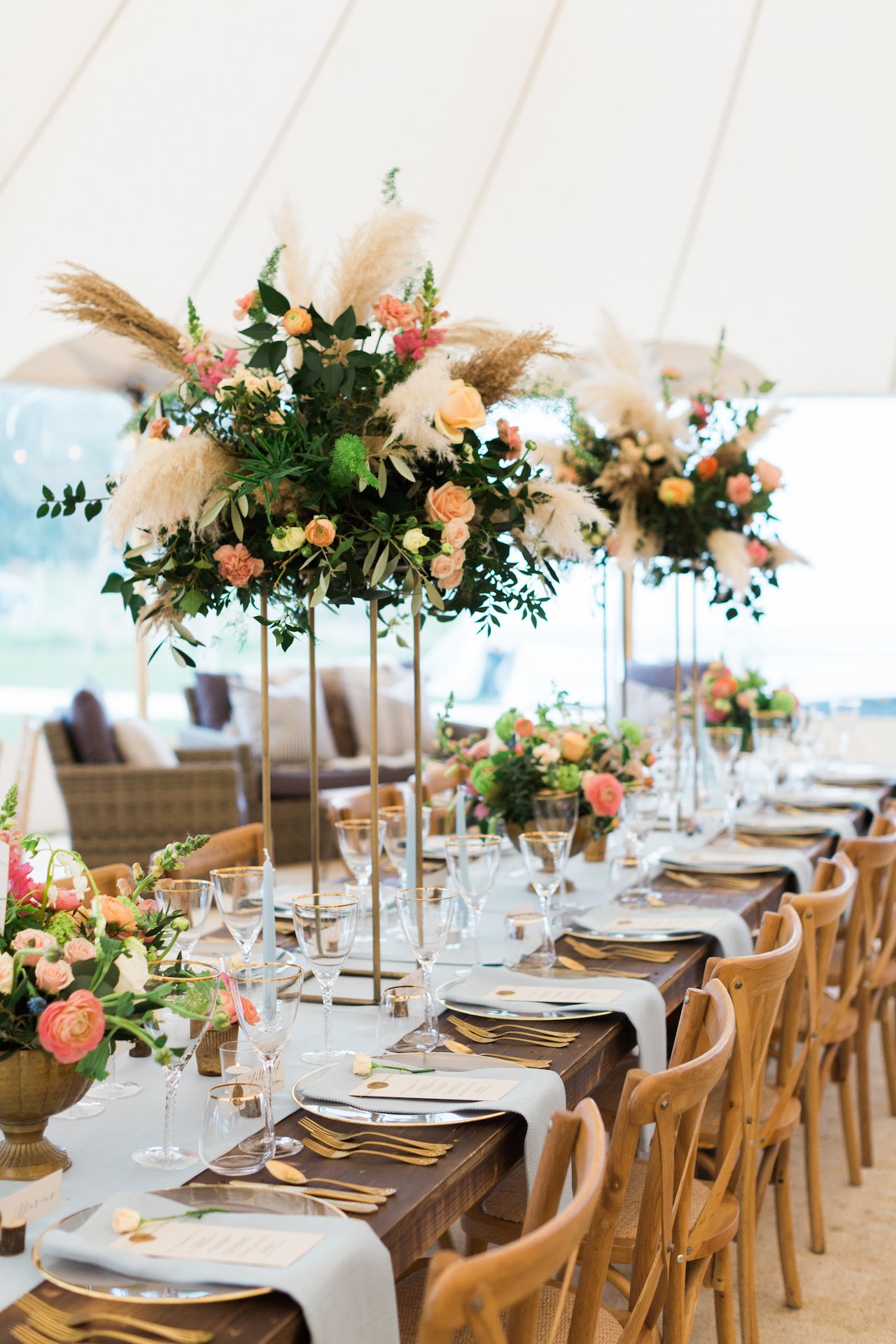 PapaKåta Spring Open Weekend Sperry Tent captured by Lucy Davenport Photography: Cross Back Chairs & Farmhouse Tables 