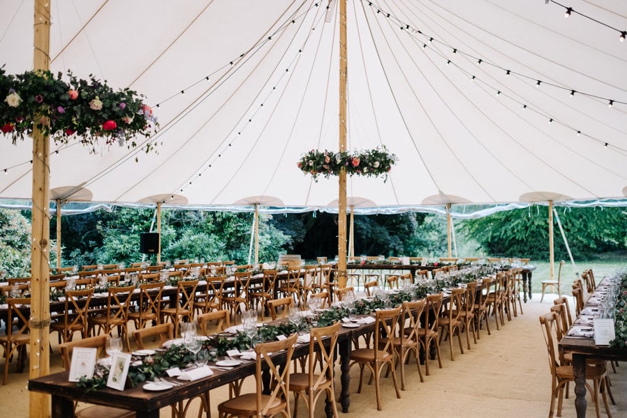 Natalie & Jack's PapaKåta Sperry Tent wedding at Lingholm Estate, Keswick, Lake District captured by Kristian Leven Photography: Farmhouse Tables & Cross Back Chairs 