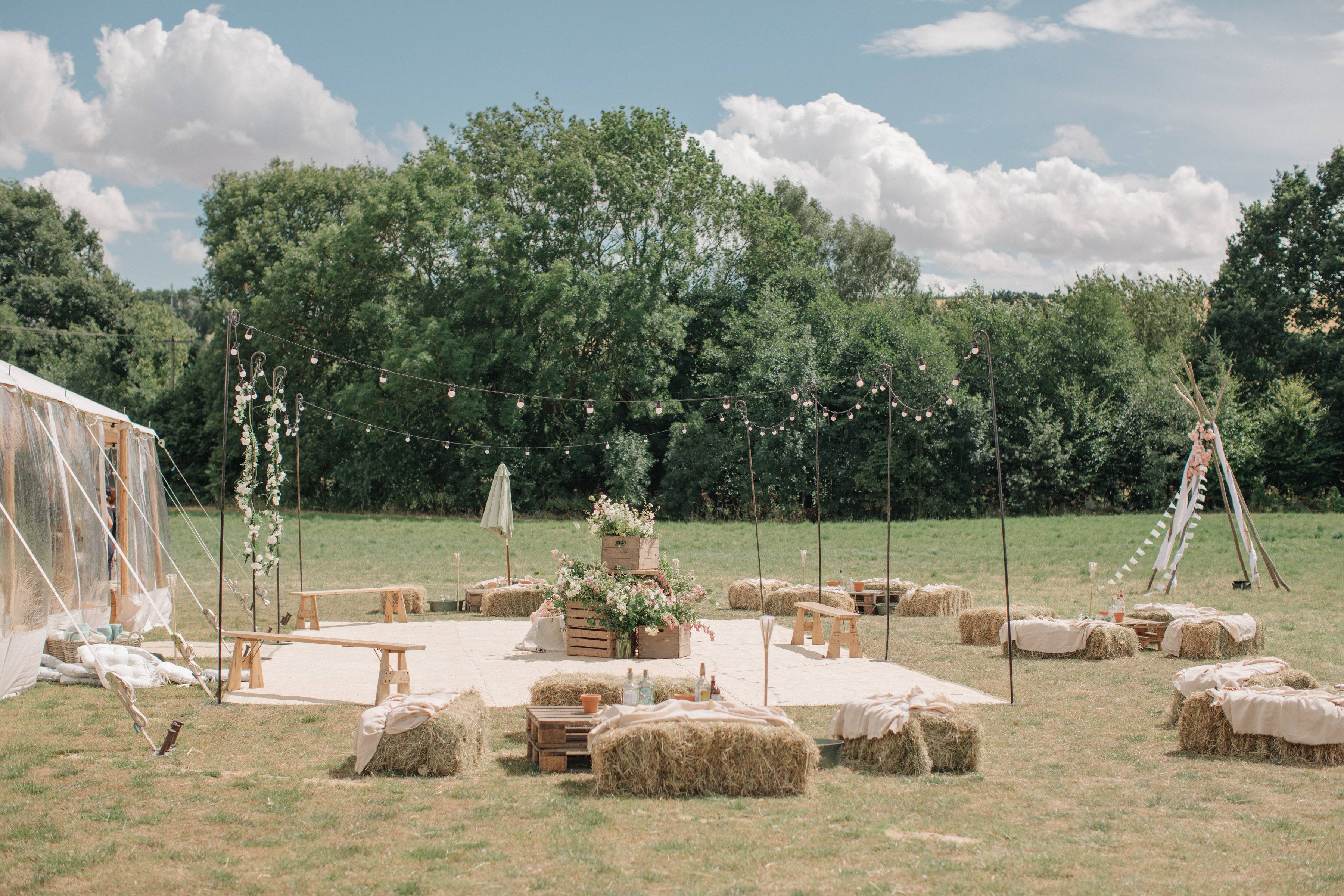 Steph & Ed's PapaKåta Sperry Tent wedding at home in Nottingham captured by M & J Photography: Festoon Terrace Outdoor Seating Area