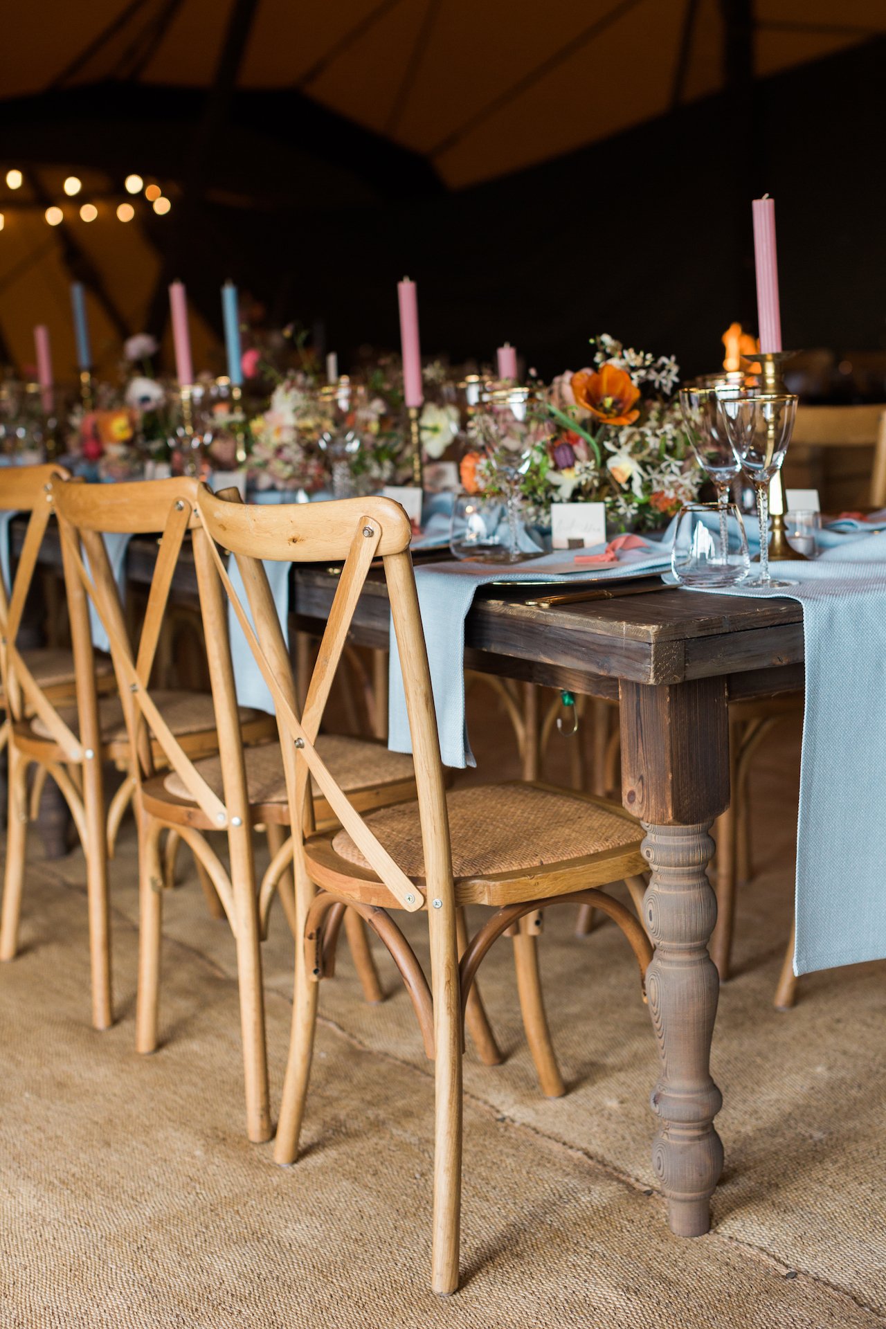 PapaKåta Spring Open Weekend Teepee captured by Lucy Davenport Photography: Cross Back Chairs & Farmhouse Tables