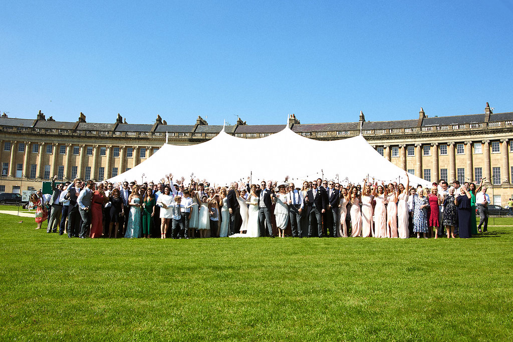 Rachel & Henry PapaKåta Sperry Tent Wedding, The Royal Crescent, Bath: Exterior Sperry Tent and Wedding Guests