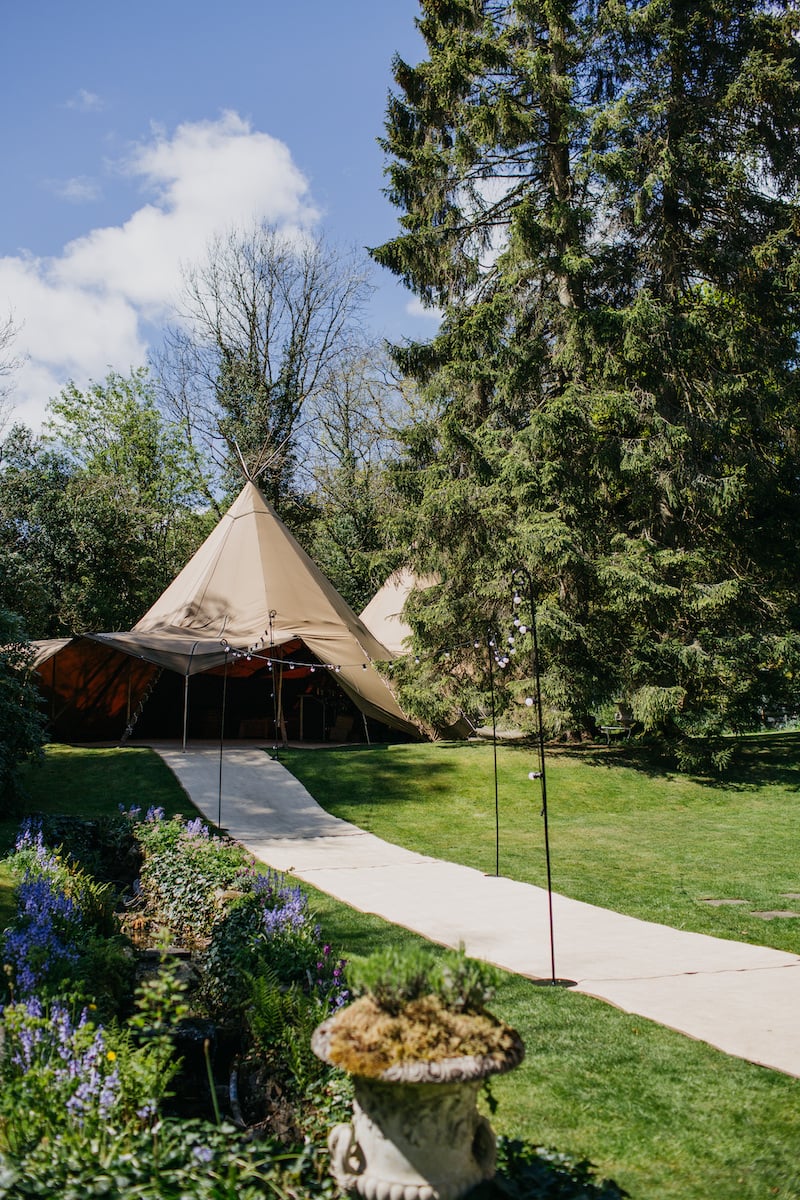 Sarah & Billy PapaKåta Tipi Tent Wedding, John Hope Photography; Tipi Exterior in Gardens