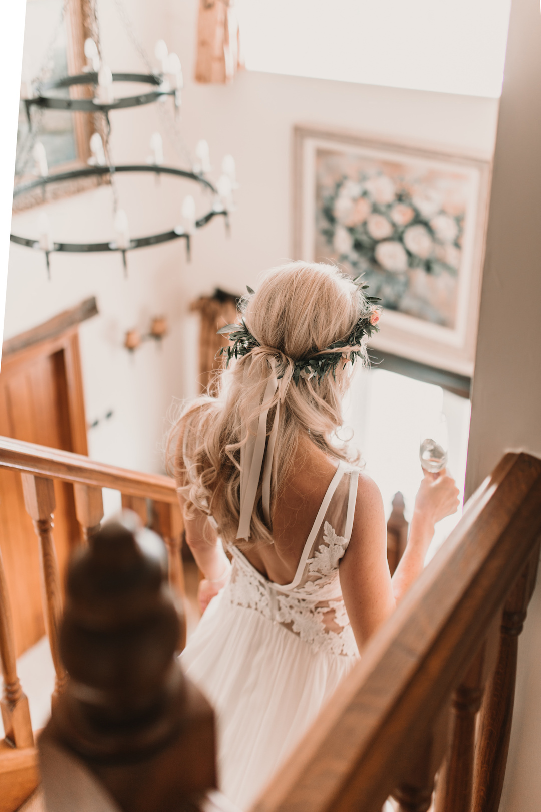 Emma & Tannah PapaKåta Sperry Tent Wedding, Yorkshire Dales, Natalie Pluck Photography; Bride Walking Down Staircase Emma & Tannah PapaKåta Sperry Tent Wedding, Yorkshire Dales, Natalie Pluck Photography; Bride Walking Down Staircase
