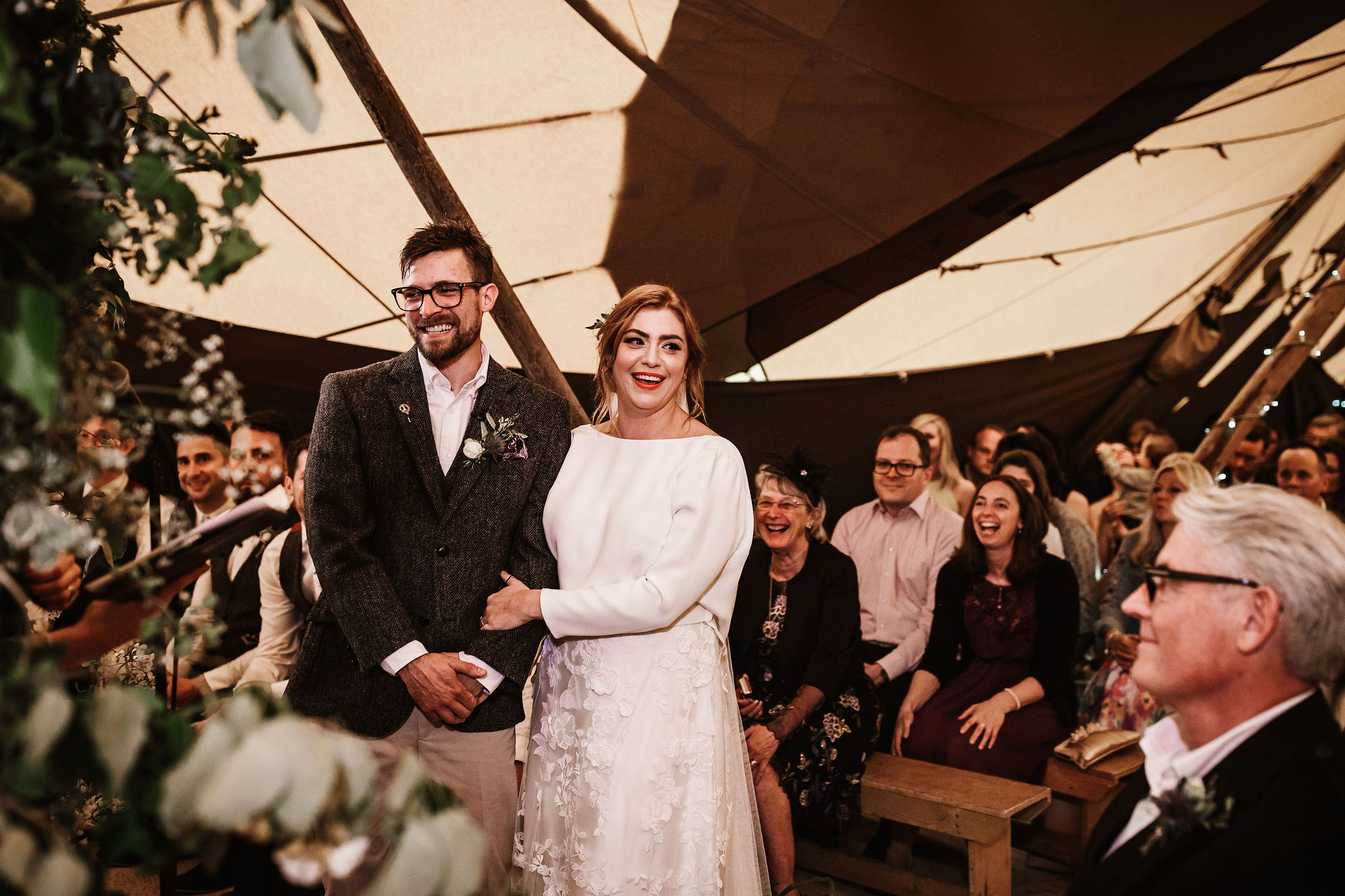 Katie & Jes PapaKata Tipi Wedding, Hidden River Cabins, Ally M Photography; Indoor Tipi Ceremony