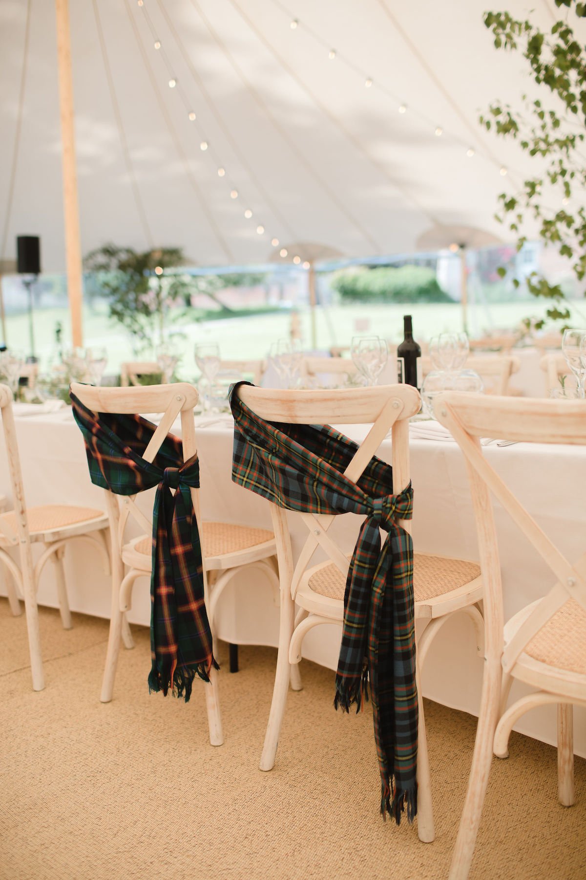 Frances & Ivo PapaKåta Sperry Tent Wedding at the Beautiful Stonor Park, Oxfordshire, Emma Hare Photography; Tartan Scarves