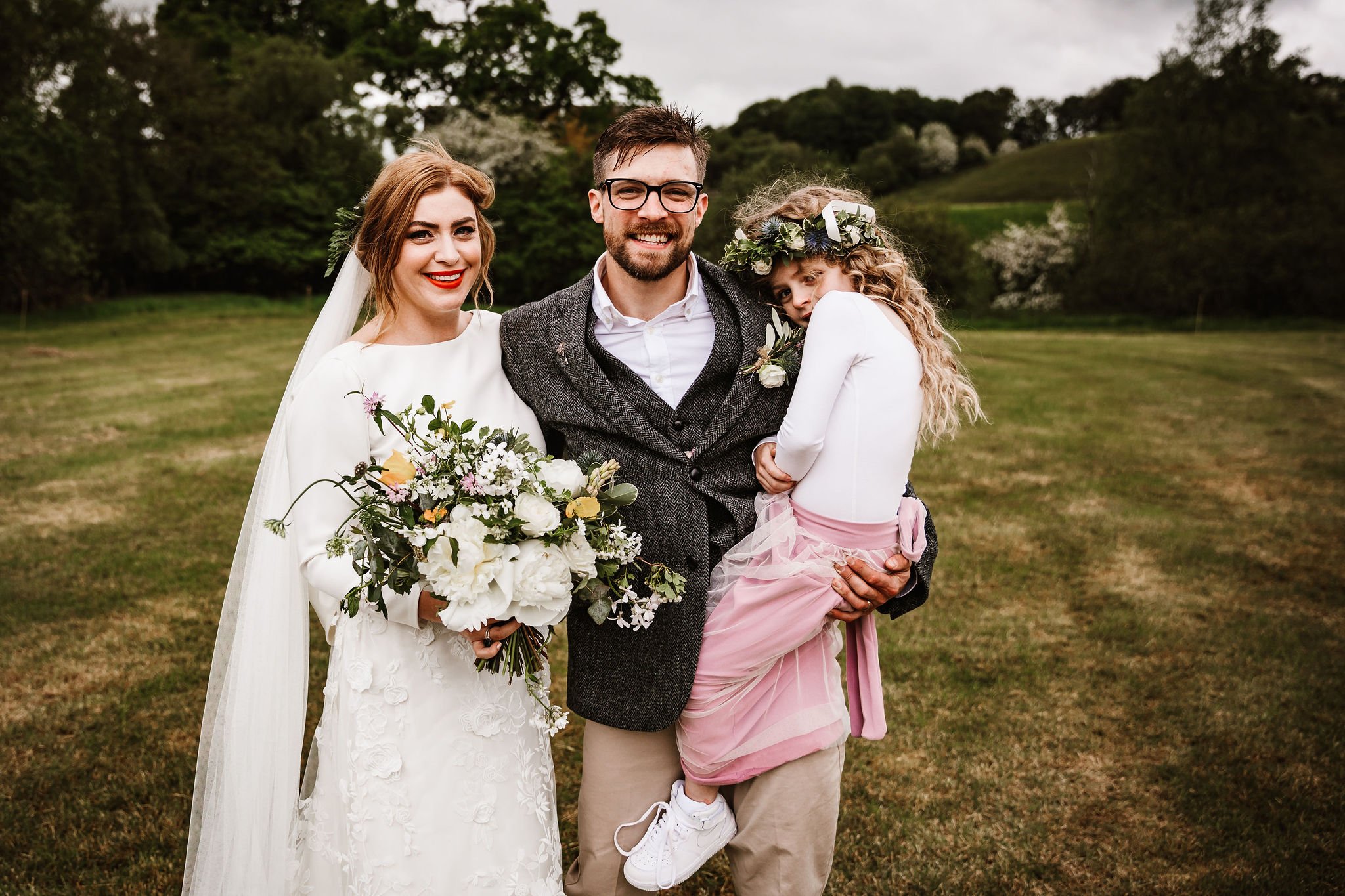 Katie & Jes PapaKata Tipi Wedding, Hidden River Cabins, Ally M Photography; Bride, Groom & Daughter
