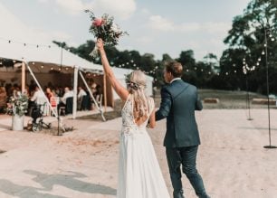 Emma & Tannah PapaKåta Sperry Tent Wedding, Yorkshire Dales; Bride & Groom entering Sperry Tent
