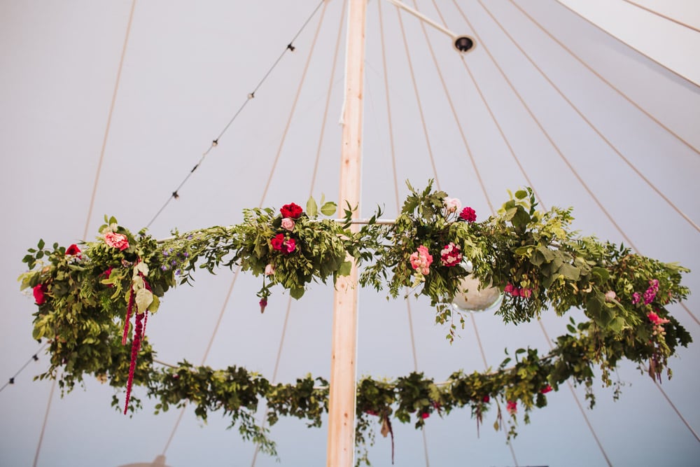 Emma & James PapaKåta Sperry Tent wedding in Staveley, North Yorkshire captured by Fox Tail Photography; Floral Hoop
