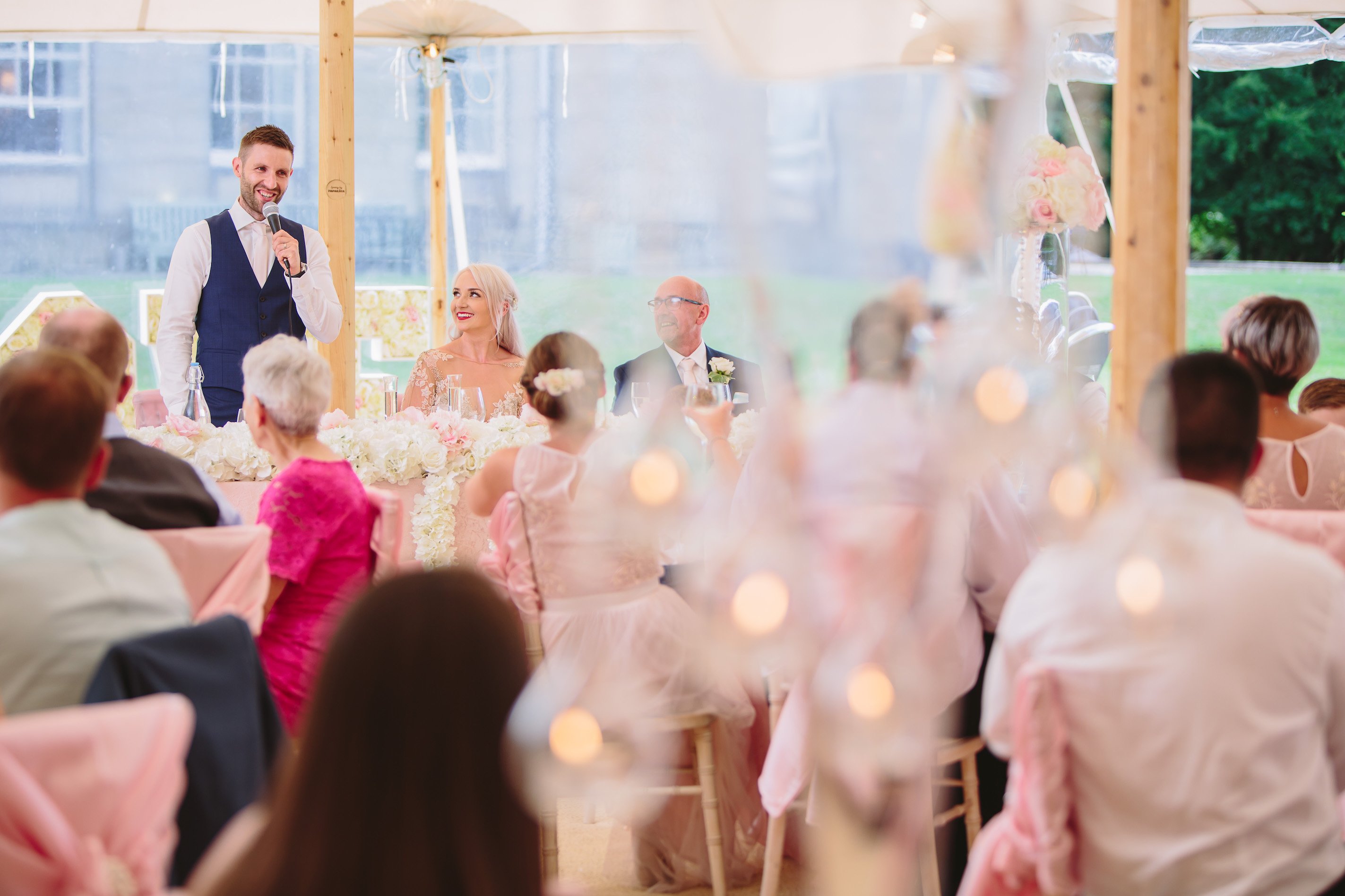 Sarah & Greg PapaKåta Sperry Tent Wedding at Saltmarshe Hall in Howden, Yorkshire. Photographed by Barnaby Aldrick; The Grooms Speech