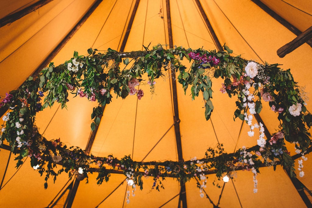 Charlotte & Joe PapaKåta Tipi Tent Wedding, North Yorkshire, Lumiere Photography; Floral Hoop Details