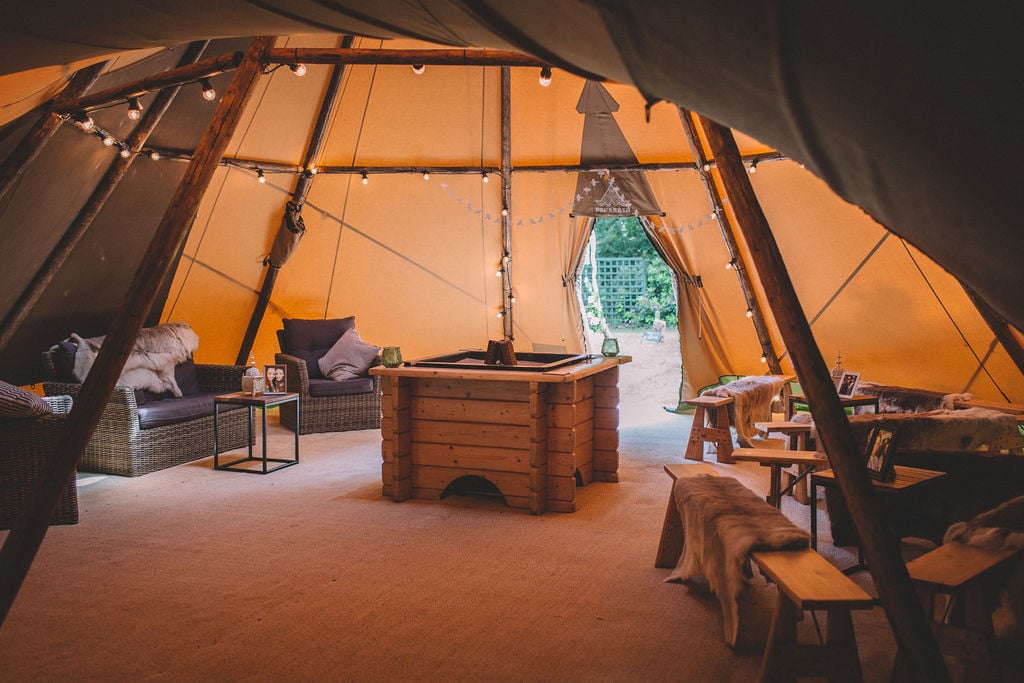 Charlotte & Joe PapaKåta Tipi Tent Wedding, North Yorkshire, Lumiere Photography; Cosy Corner with Fire Pit