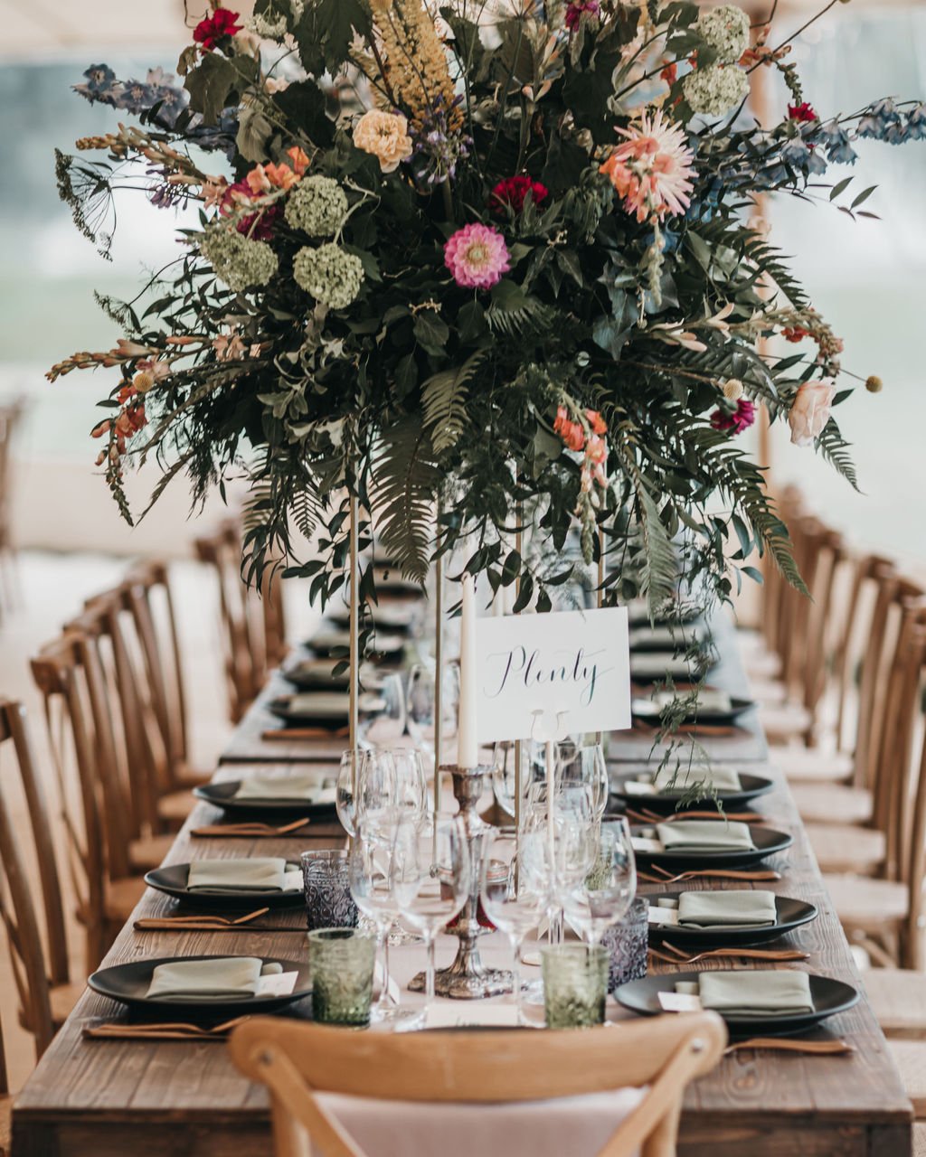 Lottie & Lanto's stunning PapaKåta Tipi & Sperry Tent Wedding in Shipley, West Sussex. Photography by Ben Wigglesworth; Table Settings