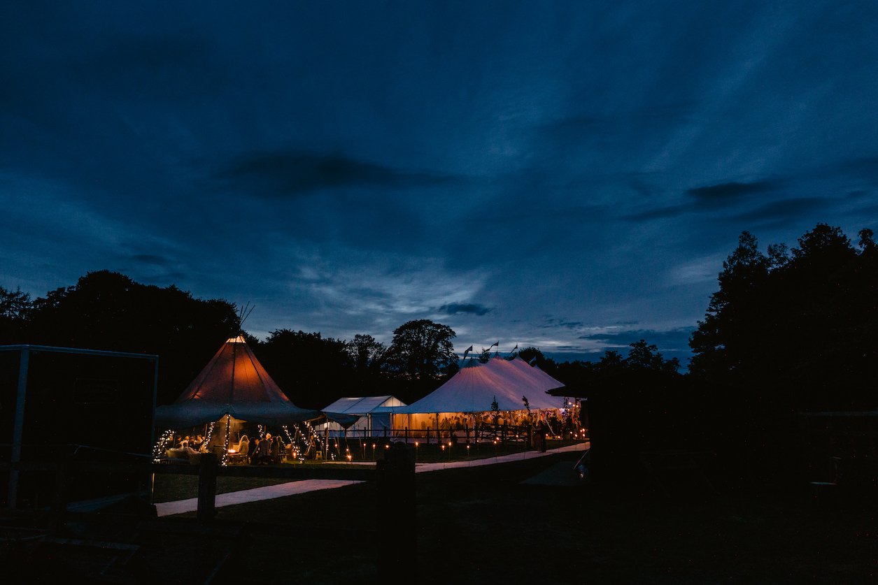 Jess & James stunning PapaKåta Sperry & Tipi Tent Wedding in Aldworth, Berkshire. Photographed beautifully by Benjamin Stuart Photography; Tipi & Sperry Exterior at Night