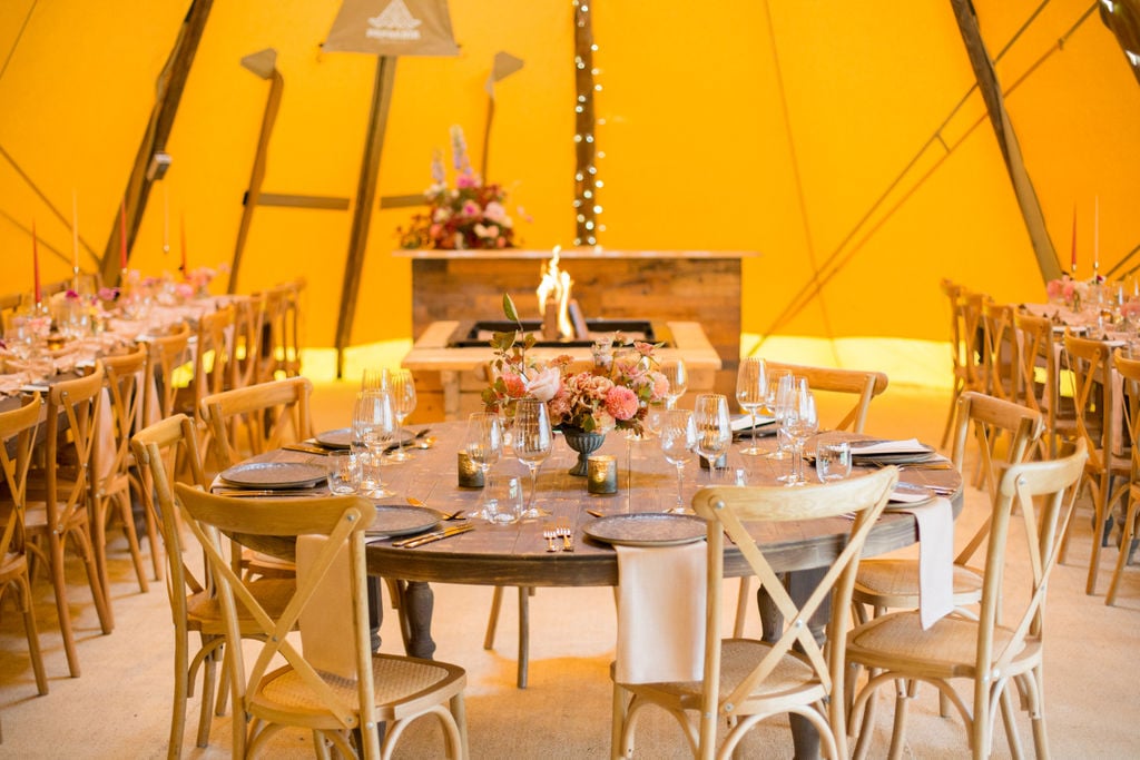 PapaKåta Autumn Open Weekend 2019 Tipi Tent, Photographed by Helen Warner Photography; Round Farmhouse Tables with Cross Back Chairs