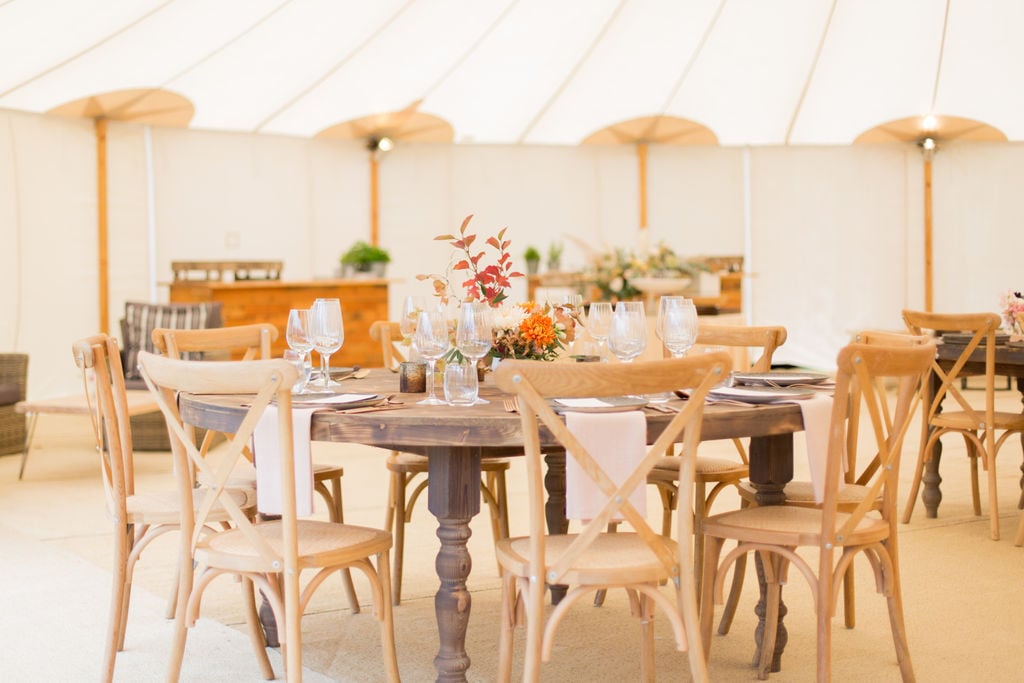 PapaKåta Autumn Open Weekend 2019 Sperry Tent, Photographed by Helen Warner Photography; Round Farmhouse Tables with Cross Back Chairs