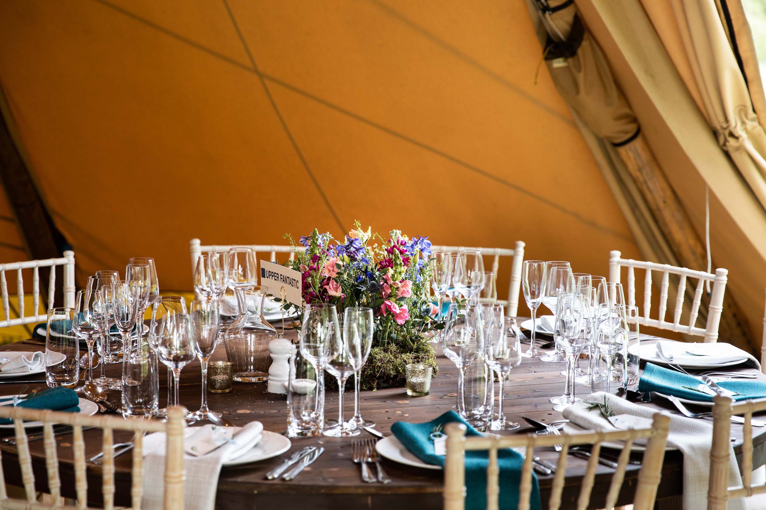 Fay & Mike Gorgeous PapaKåta Tipi Wedding at Cornwell Manor in the Cotswolds. Photographed by Alice Morgan Photography; Round Farmhouse Tables