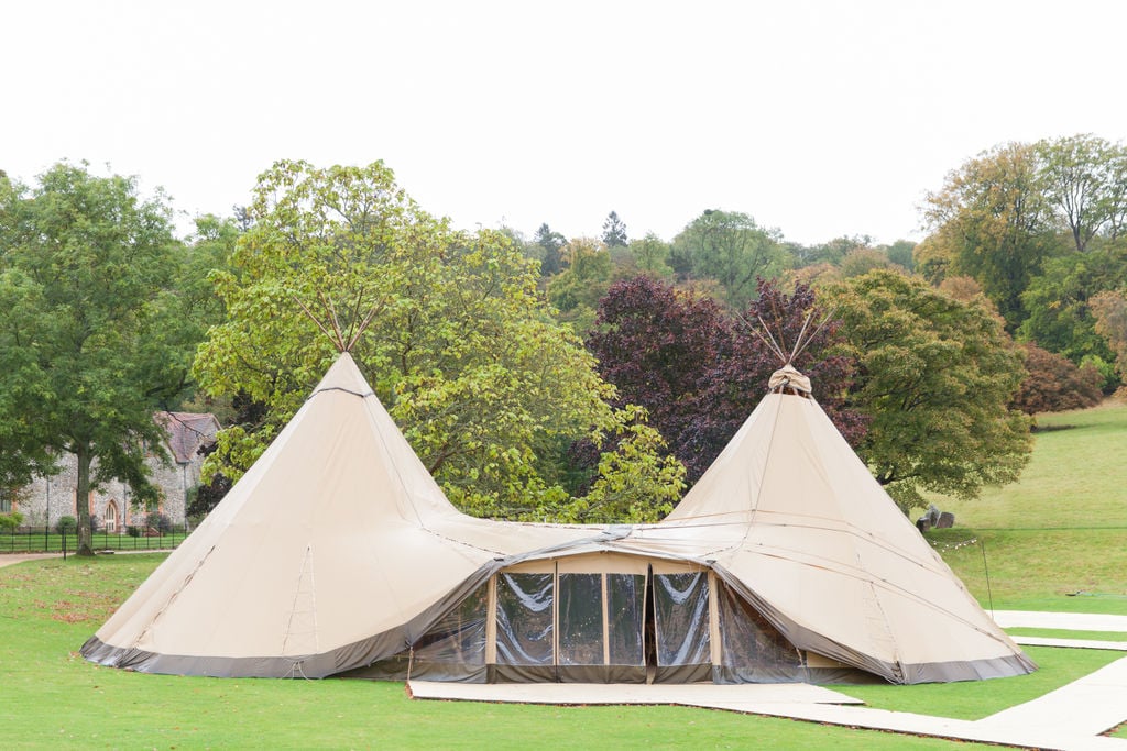 PapaKåta Autumn Open Weekend 2019 Tipi Tent, Photographed by Helen Warner Photography; TIpi Exterior in the Beautiful Grounds of Stonor Park