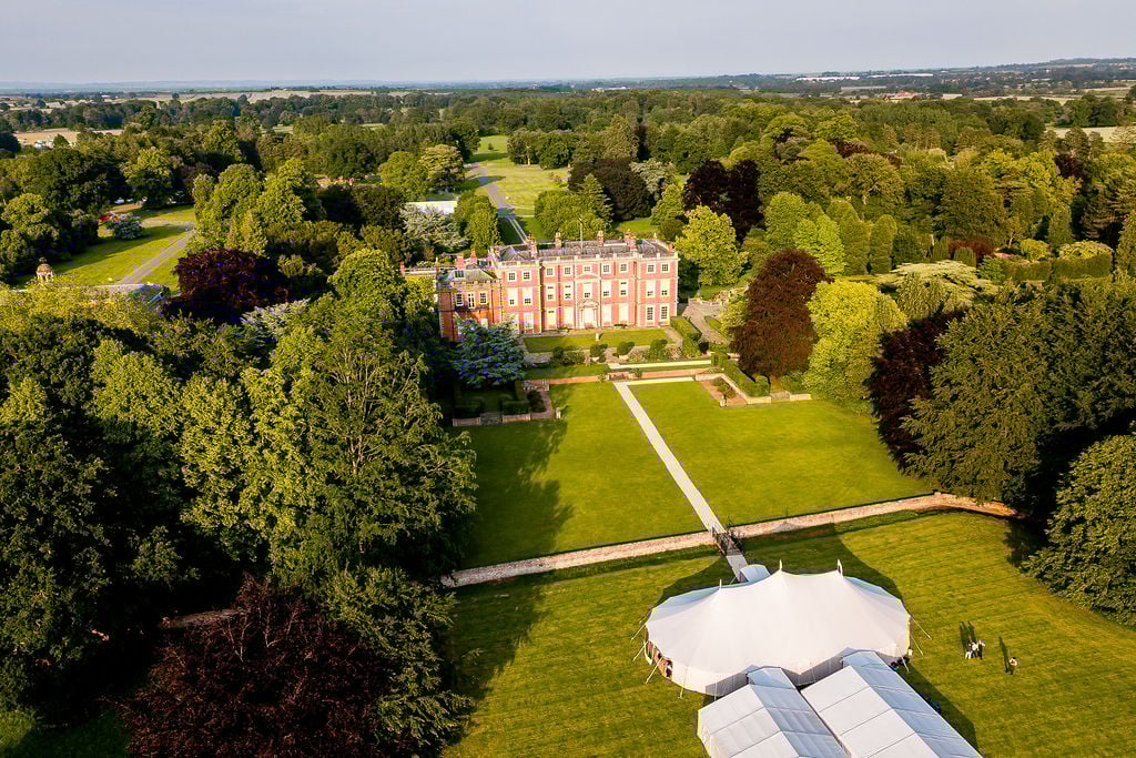 Fi & James PapaKåta Sperry Tent Wedding at Newby Hall in Yorkshire. Photographed by Joe Dodsworth Photography; Aerial View of the Stunning Set Up at Newby Hall