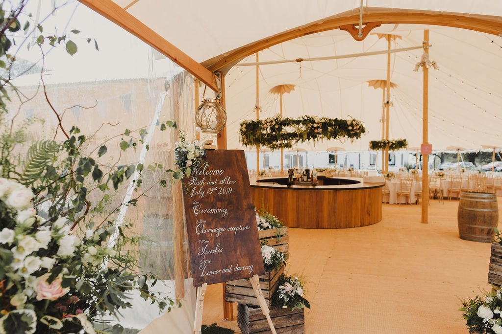 Ruth & Alex PapaKåta Sperry Tent Wedding in Angus, Scotland. Photographed by Anna Urban Photography; Circular Oak Bar