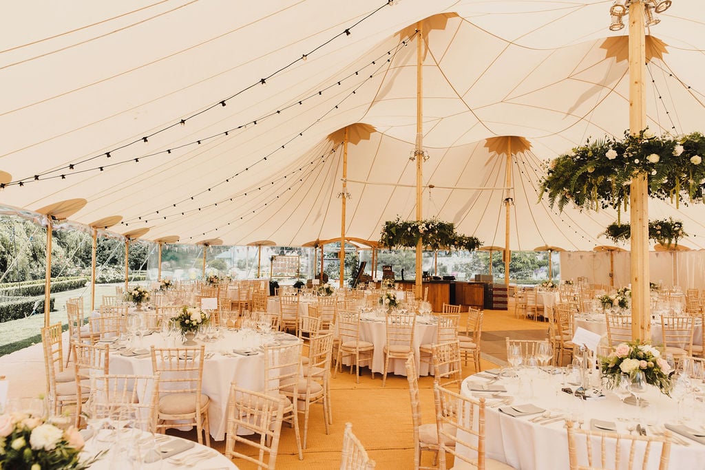 Ruth & Alex PapaKåta Sperry Tent Wedding in Angus, Scotland. Photographed by Anna Urban Photography; Round tables with Camelot Chairs