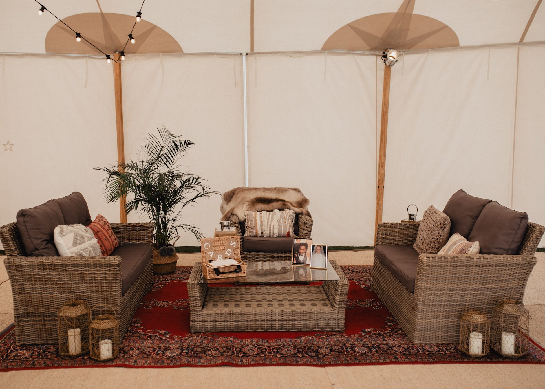 Isabel & Ope Stunning PapaKåta Sperry Tent Wedding at Buckhurst Park, Withyham. Photography by Ben & Kadin; Rattan Furniture Set