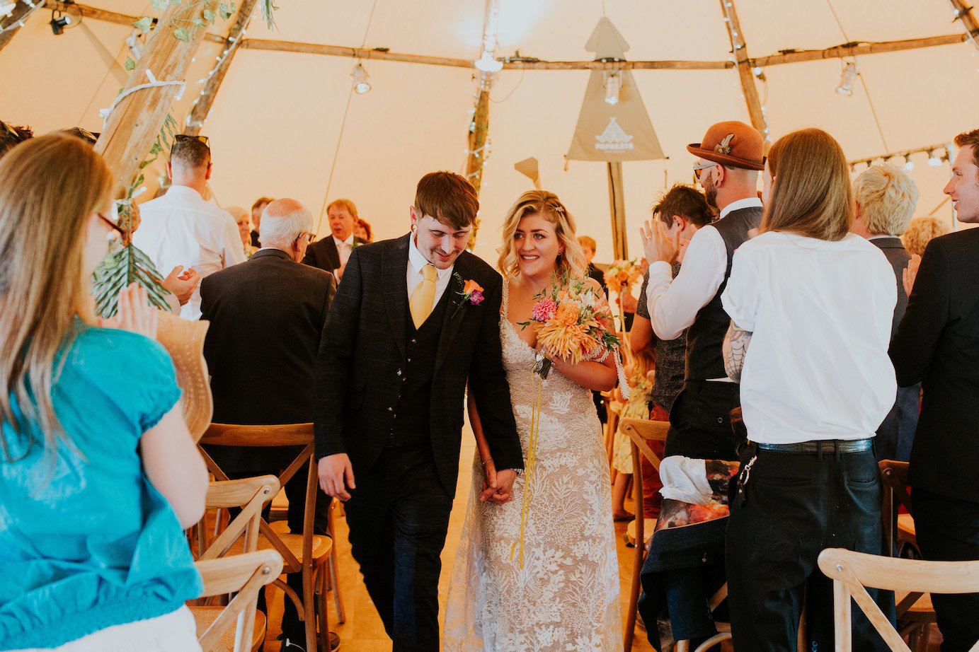Katie & Tim Gorgeous PapaKåta Tipi Tent Wedding at Hawbridge Farm. Photographed by Hayley Savage Photography; Just Married!