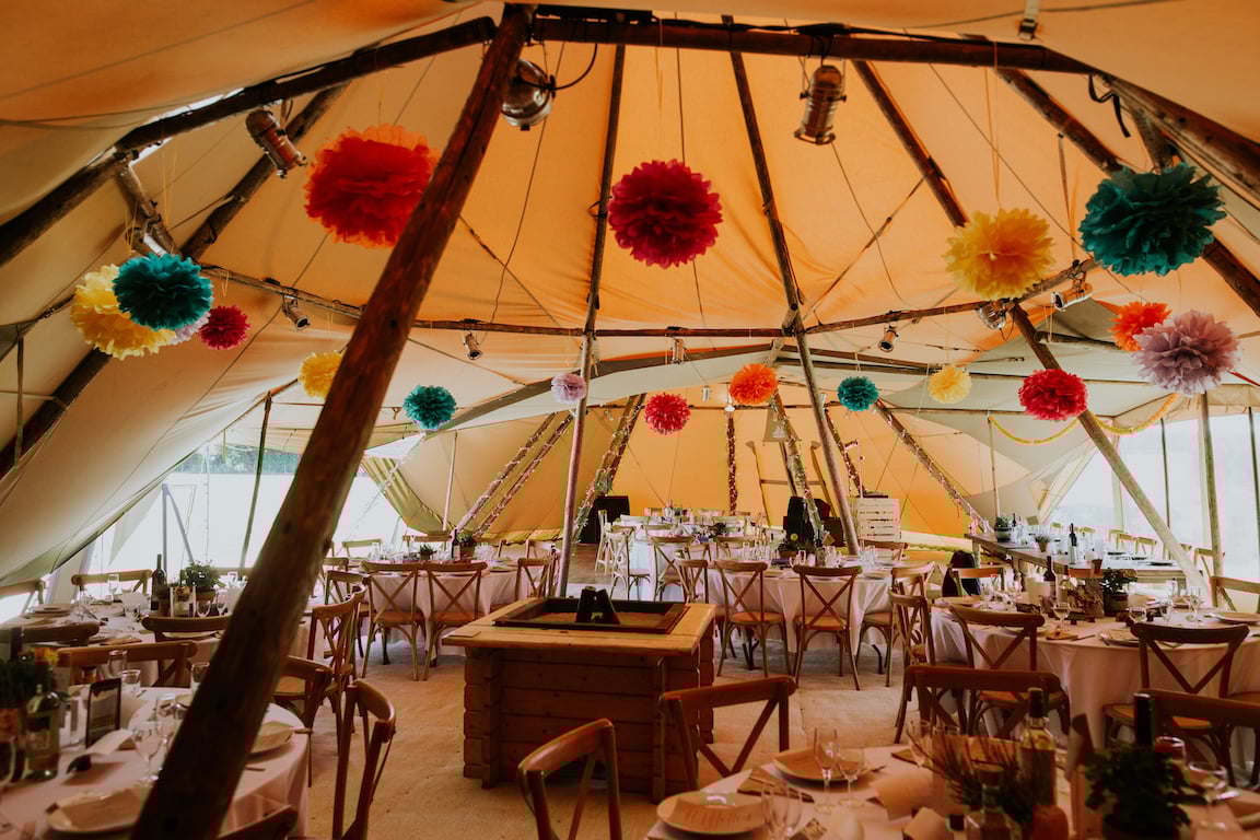 Katie & Tim Gorgeous PapaKåta Tipi Tent Wedding at Hawbridge Farm. Photographed by Hayley Savage Photography; Fun & Colourful Tipi Interior 