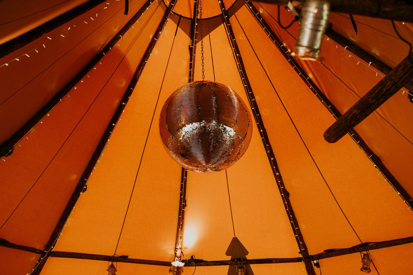 Katie & Tim Gorgeous PapaKåta Tipi Tent Wedding at Hawbridge Farm. Photographed by Hayley Savage Photography; Mirror Ball