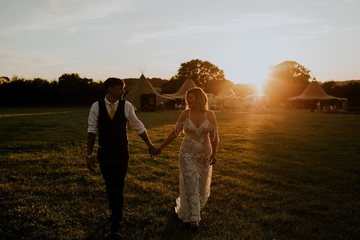Katie & Tim Gorgeous PapaKåta Tipi Tent Wedding at Hawbridge Farm. Photographed by Hayley Savage Photography; Beautiful Sunset