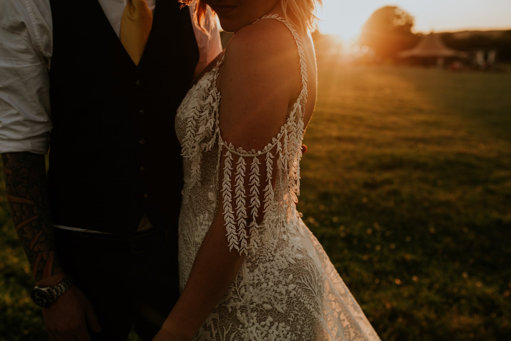 Katie & Tim Gorgeous PapaKåta Tipi Tent Wedding at Hawbridge Farm. Photographed by Hayley Savage Photography; Stunning Dress Details
