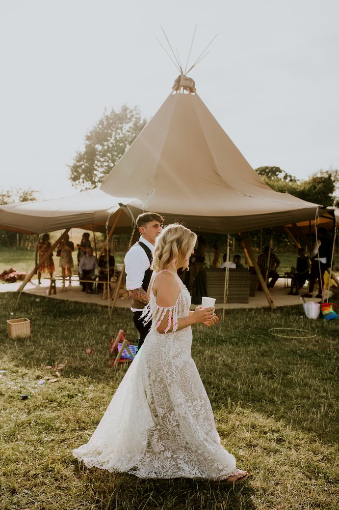 Katie & Tim Gorgeous PapaKåta Tipi Tent Wedding at Hawbridge Farm. Photographed by Hayley Savage Photography; Stunning Bridal Dress