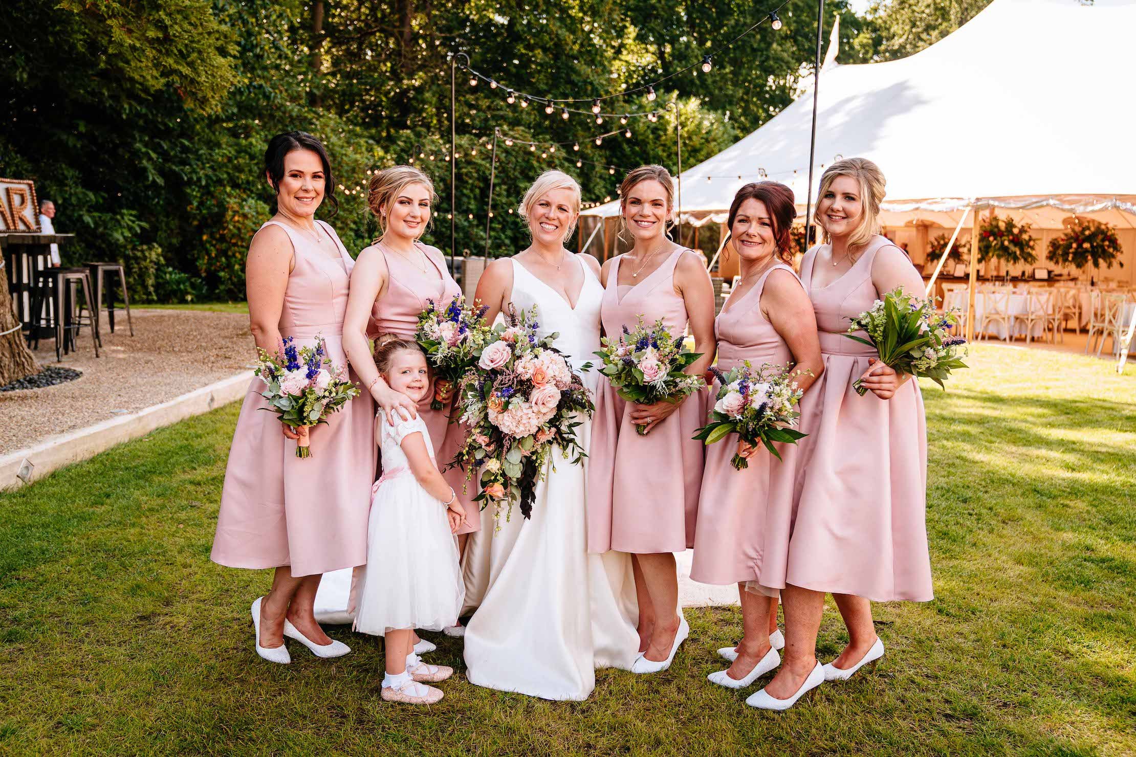 Tara & Garry Beautiful PapaKåta Sperry Tent & Naked Tipi Wedding in Virginia Water, Sarah Legge Photography; Stunning Bridesmaids