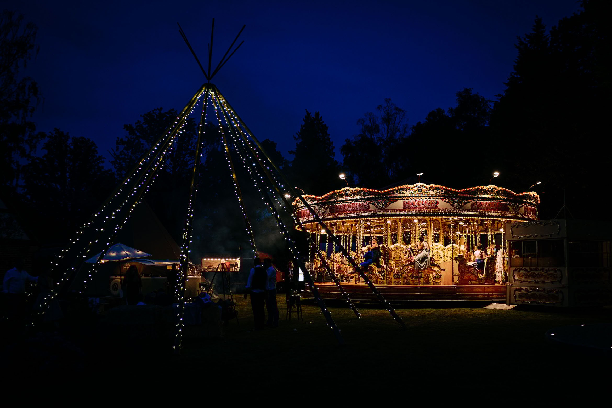 Tara & Garry Beautiful PapaKåta Sperry Tent & Naked Tipi Wedding in Virginia Water, Sarah Legge Photography; Set up at Night