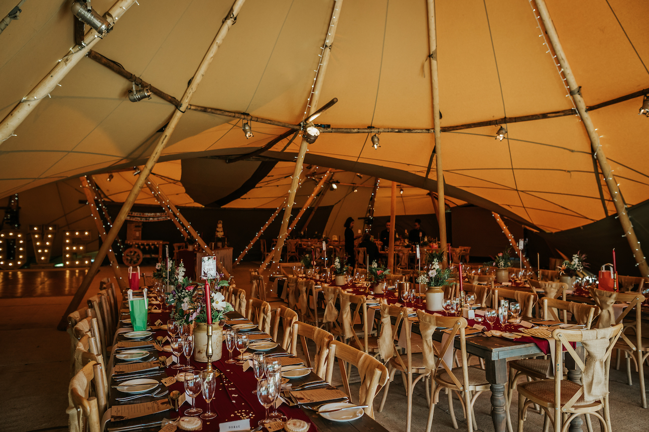 Leanne & Michael Gorgeous PapaKåta Tipi Tent Wedding in North Yorkshire, Photography by Charli; Farmhouse Tables with Cross Back Chairs