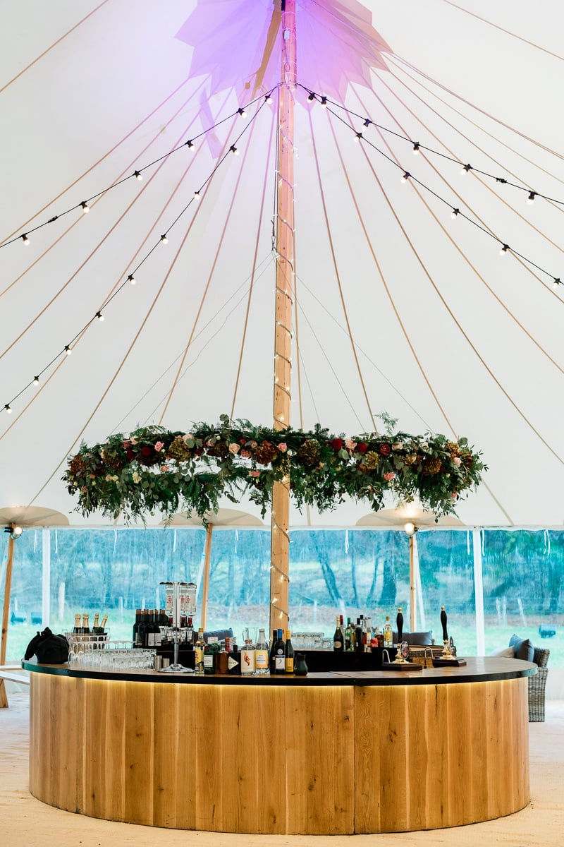 Gill & Alastair Beautiful PapaKåta Sperry Tent Wedding in Craigellachie, Moray, Scotland. Chris Henderson Photography; Circular Oak Bar