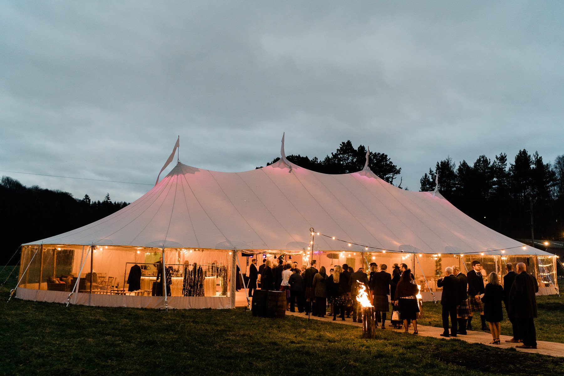 Gill & Alastair Beautiful PapaKåta Sperry Tent Wedding in Craigellachie, Moray, Scotland. Chris Henderson Photography; Sperry at Night