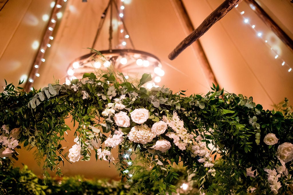 Megan & Lewis Gorgeous PapaKåta Tipi Tent Wedding at Markington Hall, North Yorkshire. Photographed by Joe Dodsworth Photography; Floral Hoop, Festoon Cartwheel and Fairy Lights