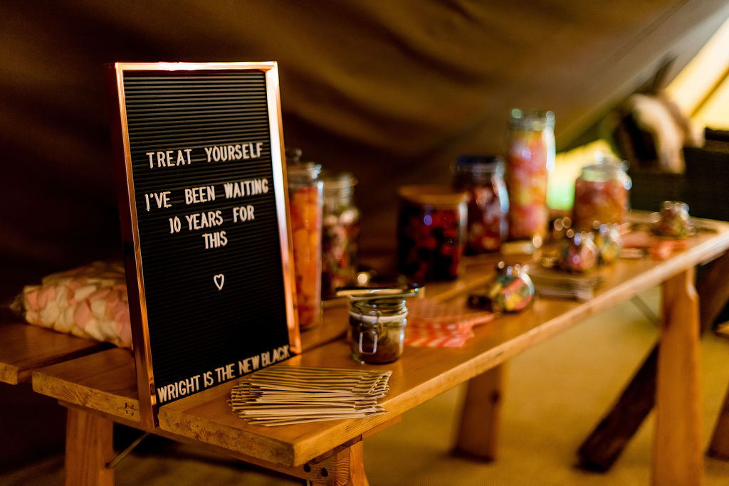 Megan & Lewis Gorgeous PapaKåta Tipi Tent Wedding at Markington Hall, North Yorkshire. Photographed by Joe Dodsworth Photography; Treat Table