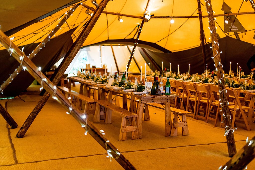 Megan & Lewis Gorgeous PapaKåta Tipi Tent Wedding at Markington Hall, North Yorkshire. Photographed by Joe Dodsworth Photography; Wood Tables & Benches