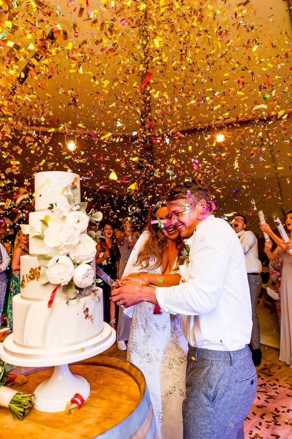 Megan & Lewis Gorgeous PapaKåta Tipi Tent Wedding at Markington Hall, North Yorkshire. Photographed by Joe Dodsworth Photography; Cut the Cake! 