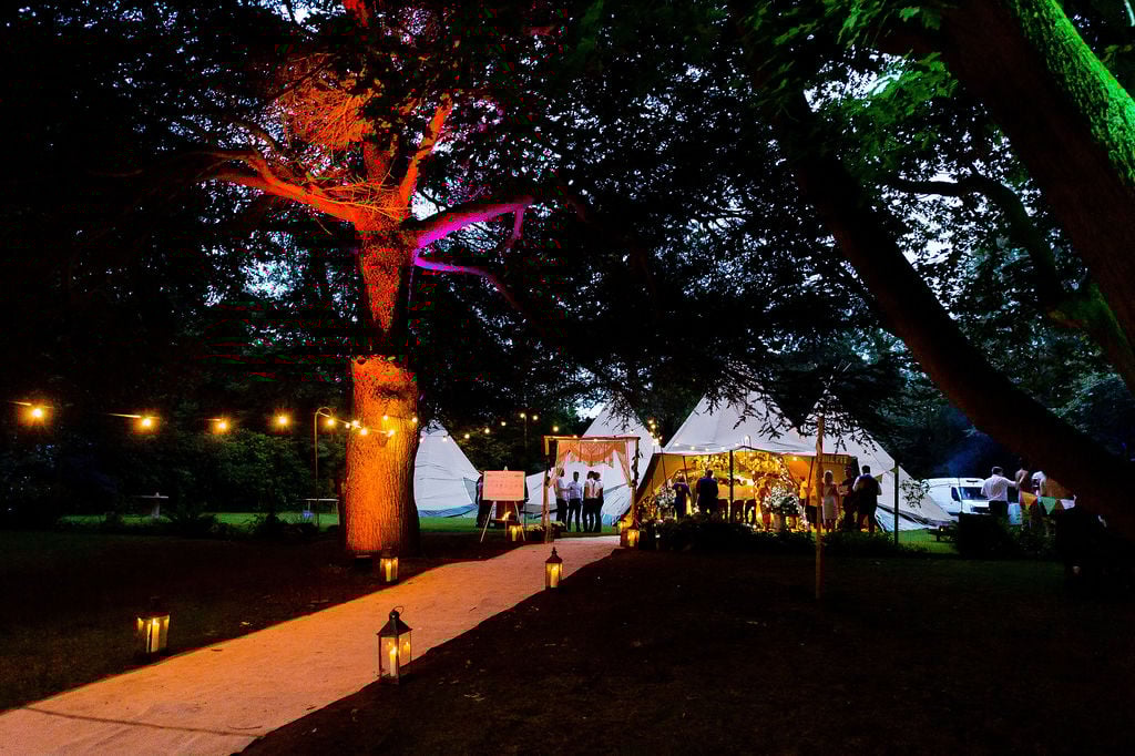 Megan & Lewis Gorgeous PapaKåta Tipi Tent Wedding at Markington Hall, North Yorkshire. Photographed by Joe Dodsworth Photography; Tipis at Night