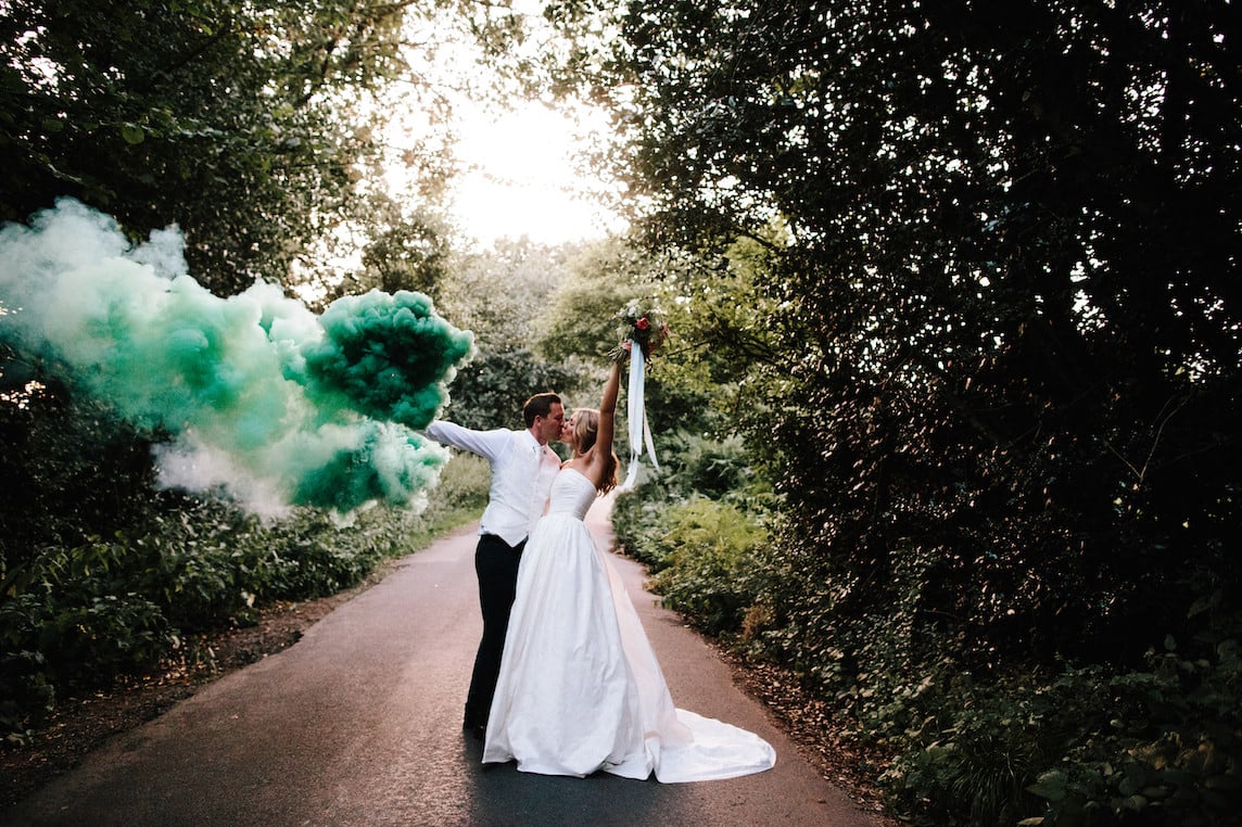 Georgina & James Stunning PapaKåta Sperry Tent Wedding in Finchampstead, Berkshire. Photography by Fresh Shoot Studios; Smoke Bomb!