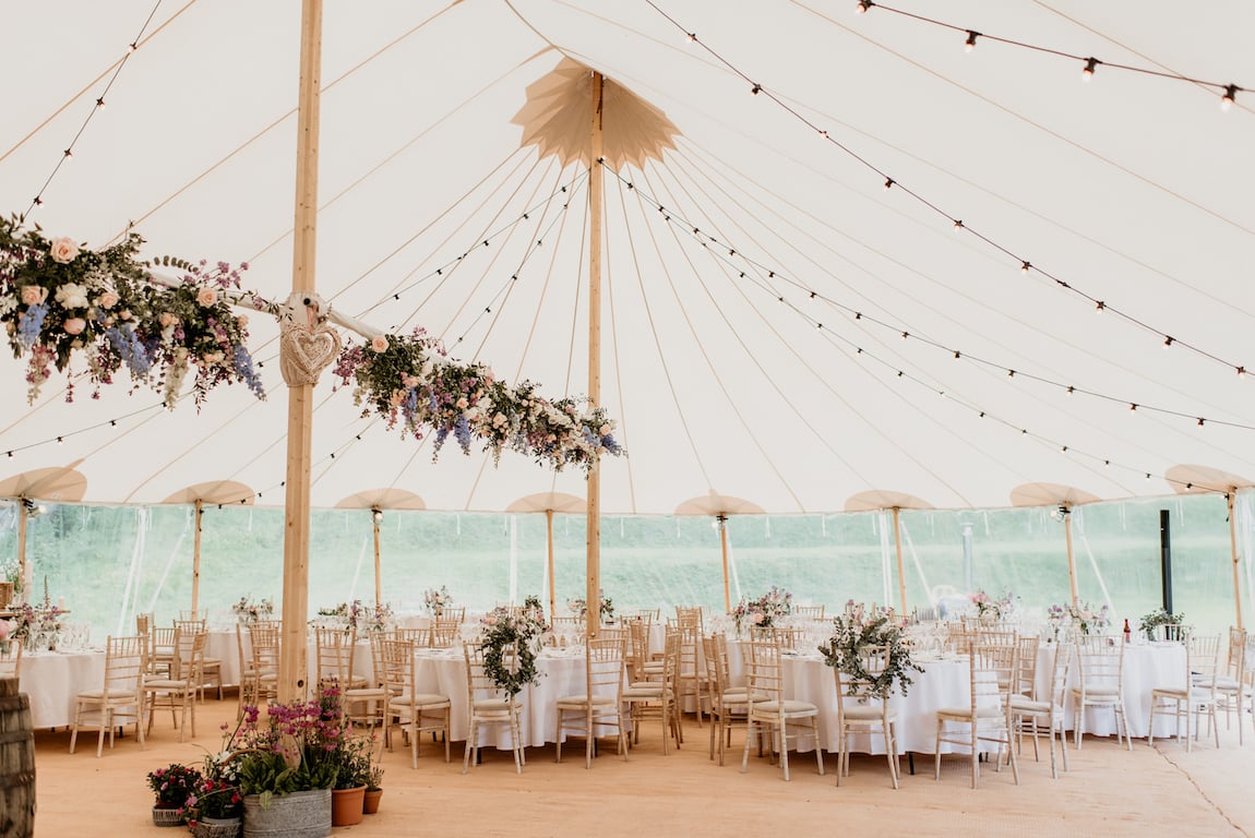 Laura & Robbie Stunning PapaKåta Sperry Tent Wedding at The Walled Garden at Strathtyrum, Scotland, Captured by Claire Fleck Photography; Beautiful Sperry Interior with Floral Beam