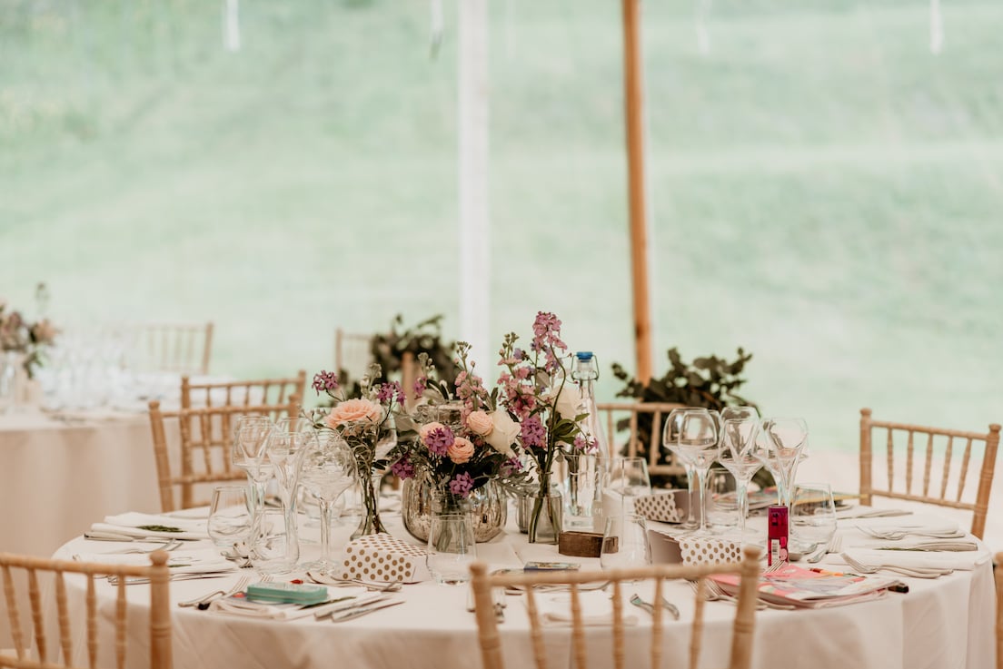 Laura & Robbie Stunning PapaKåta Sperry Tent Wedding at The Walled Garden at Strathtyrum, Scotland, Captured by Claire Fleck Photography; Stunning Table Details