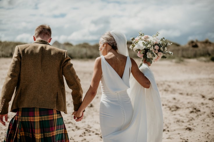 Laura & Robbie Stunning PapaKåta Sperry Tent Wedding at The Walled Garden at Strathtyrum, Scotland, Captured by Claire Fleck Photography; Beach Walk & Beautiful Dress Details