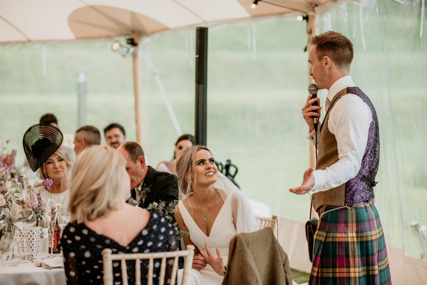 Laura & Robbie Stunning PapaKåta Sperry Tent Wedding at The Walled Garden at Strathtyrum, Scotland, Captured by Claire Fleck Photography; Speeches